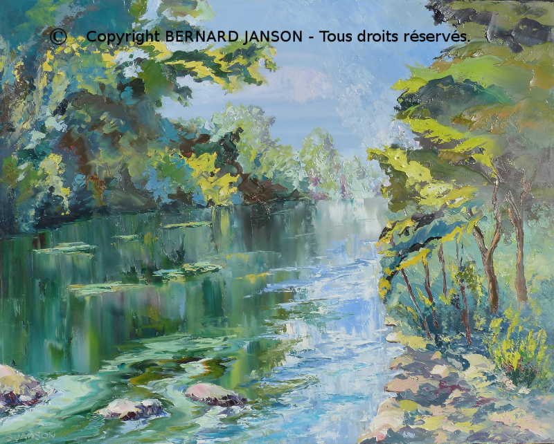 oil artwork on canvas; french countryside landscape with a peaceful river and greenish foliage