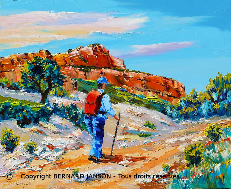 palette knife painting a path with a hiker among red rocks