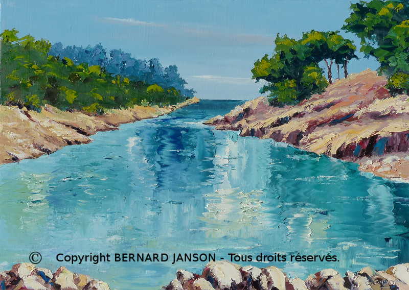 modern artwork of a typical riviera seascape with rocks and trees