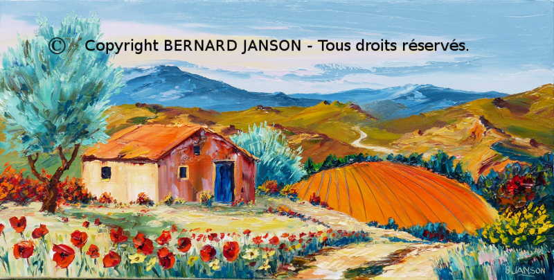 painting knife; landscape with a smal stoned barn in provence