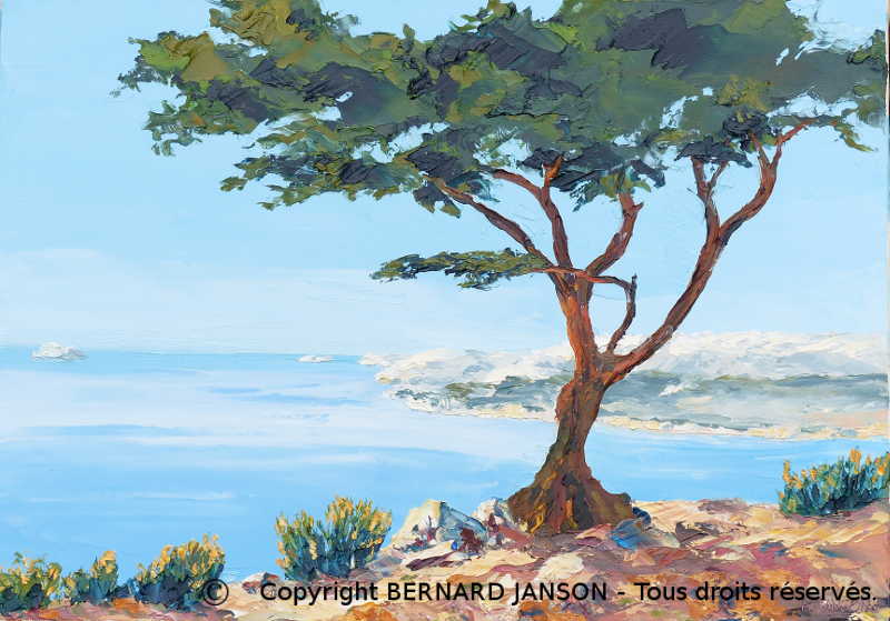 painting knife Provence an old tree and faraway luminous seashore 