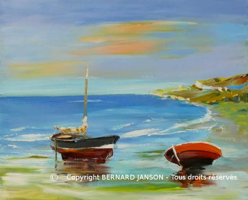 oil paintig knife; seascape with boats on seashore and a strong contrast between sky and water