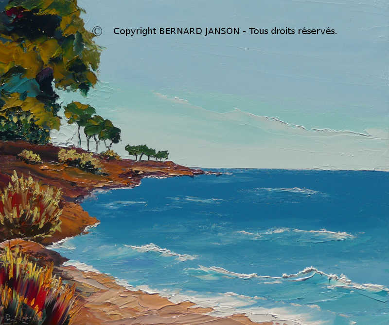 a seascape oil painting knife scene with maritime pine trees and rocks