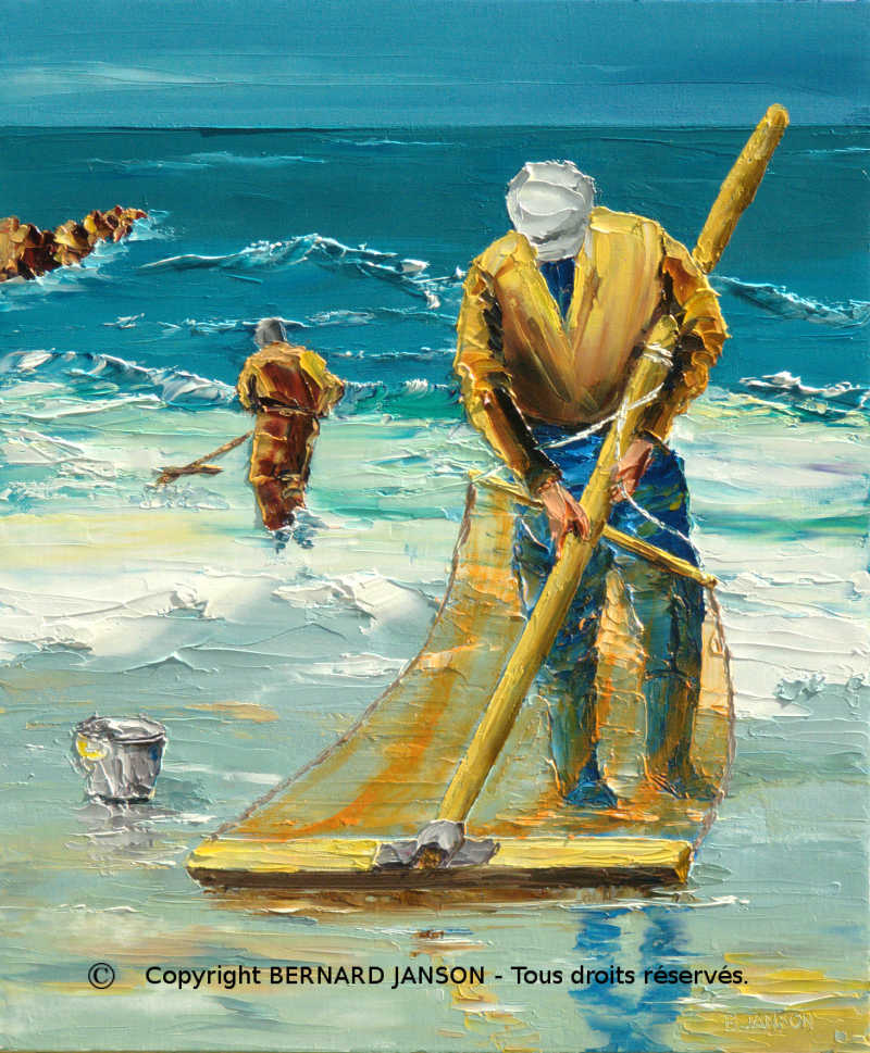 oil on canvas; shrimp fishermen by grey overcast skies