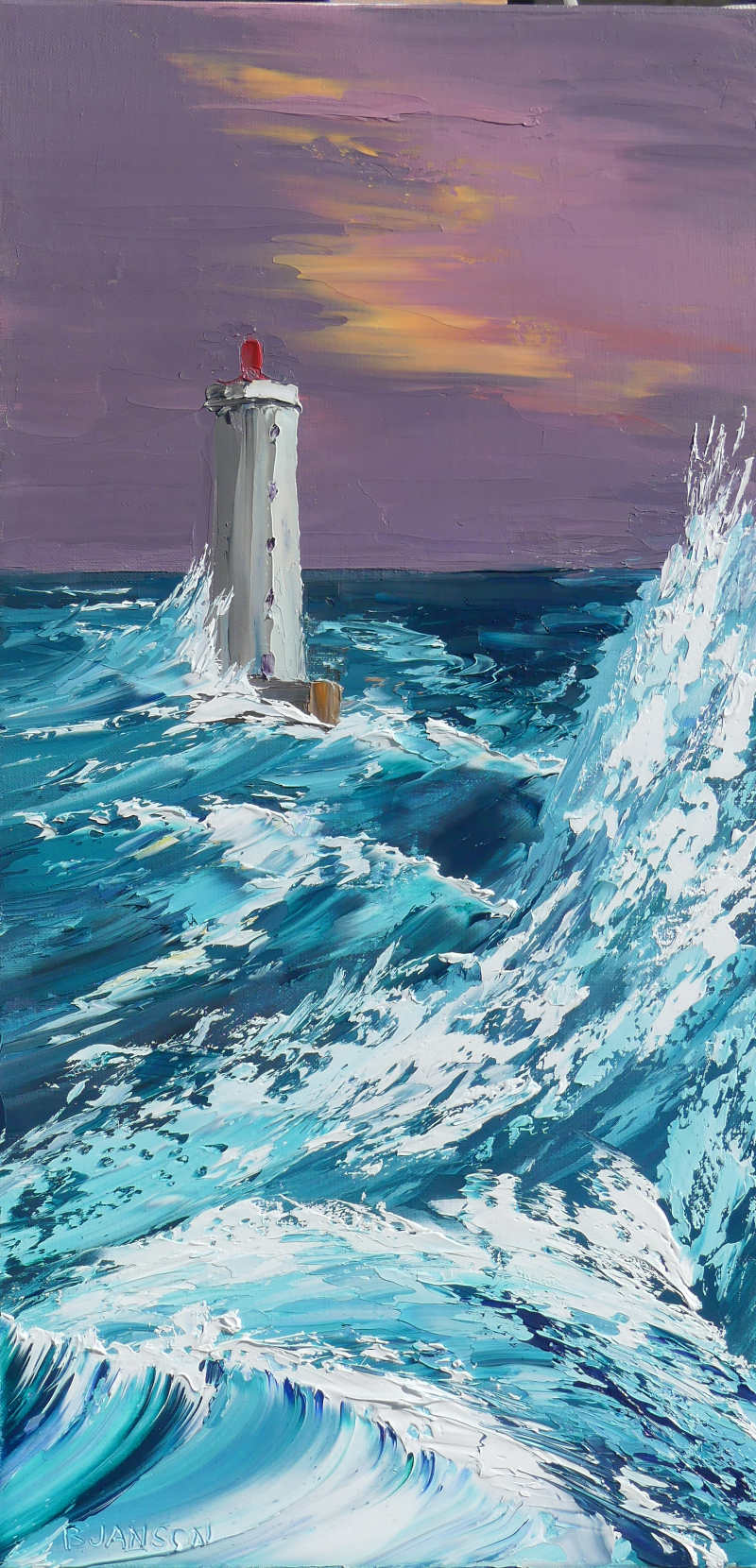 palette knife painting; a lighthouse during a storm with huge waves