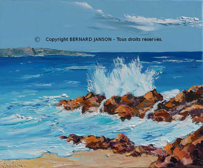 a palette knife painting showing a seascape with breaking waves against jagged rocks