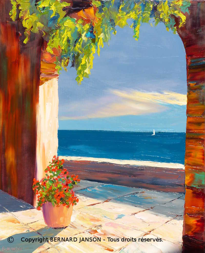 oil on canvas; a sunny terrace with flowers and a sea view
