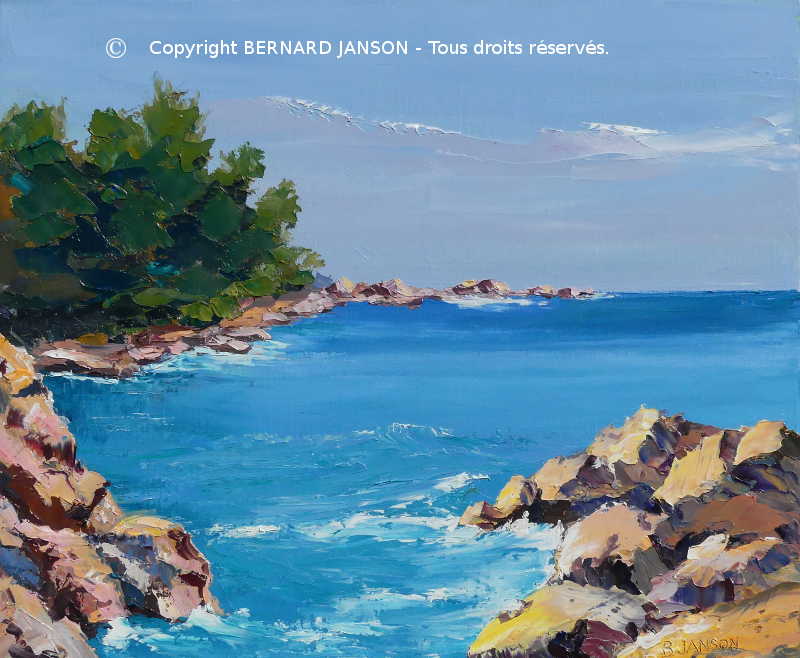 modern palette knife painting by Bernard Janson french artist painter showing a tiny inlet with colored rocks