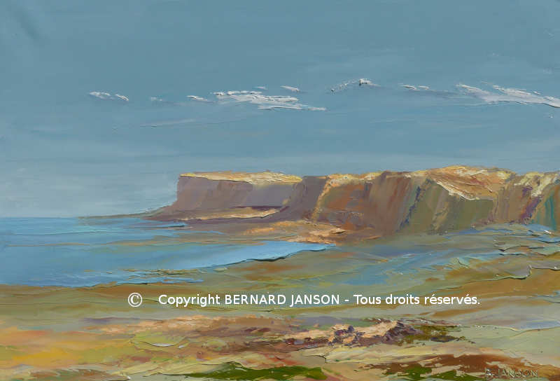 canvas painting knife, seascape with cliffs far away