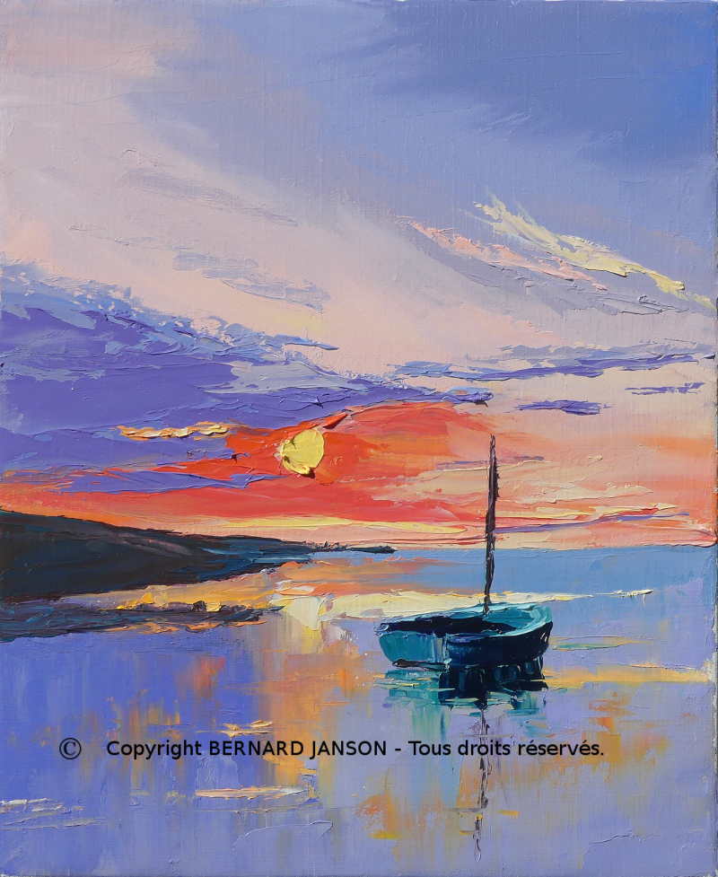 modern palette knife painting by Bernard Janson french artist painter showing a sunset over the sea