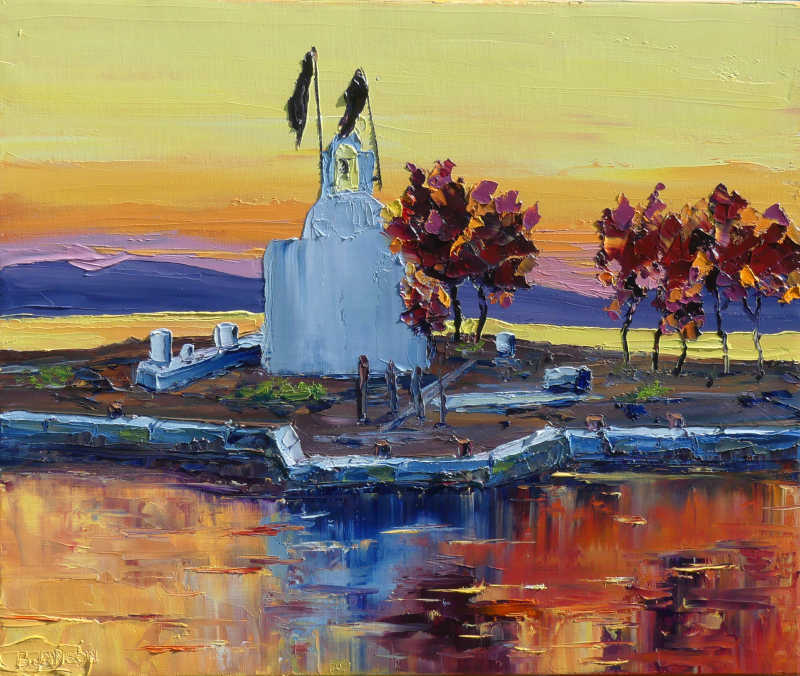 contemporary oil painting on canvas depicting a sunset on the island of Naxos