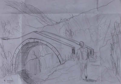 pencil sketch showing the old sunny bridge with a hiker