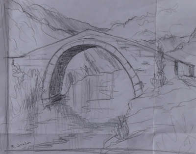 pencil sketch showing the old sunny bridge